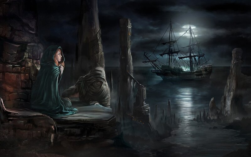 Woman in Green Cloak — Dark Blue
