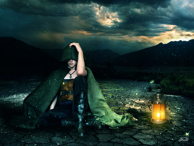 Woman in Green Cloak — Dramatic, Night, Digital Art, Lantern