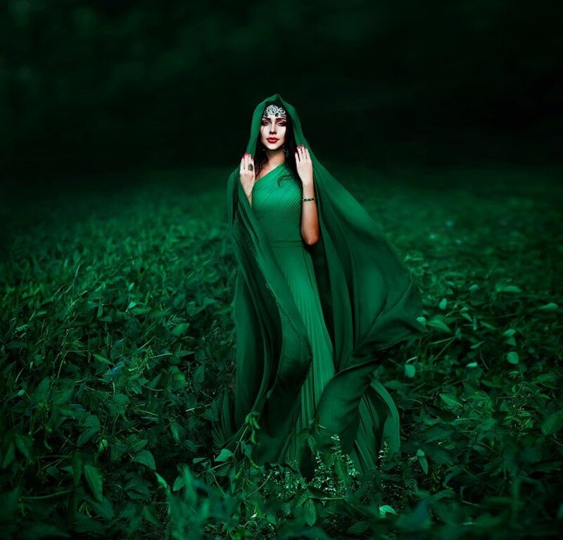 Woman in Green Cloak — Dramatic, Night, Photograph
