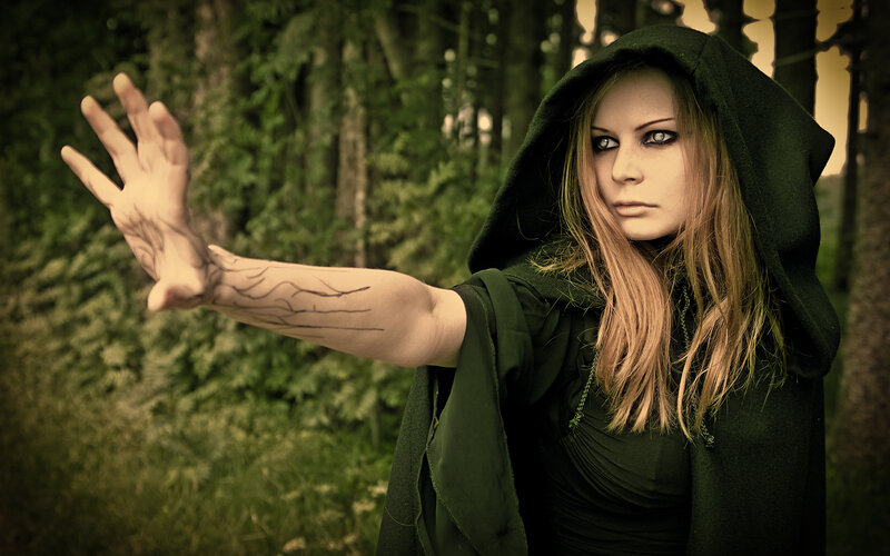 Woman in Green Cloak — Dramatic, Photograph, Forest