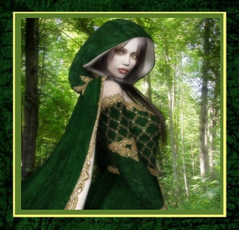 woman in green cloak forest