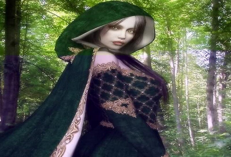 woman in green cloak forest