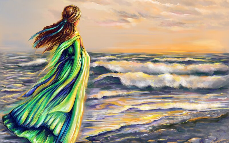 Woman in Green Cloak — Serene, Sunset