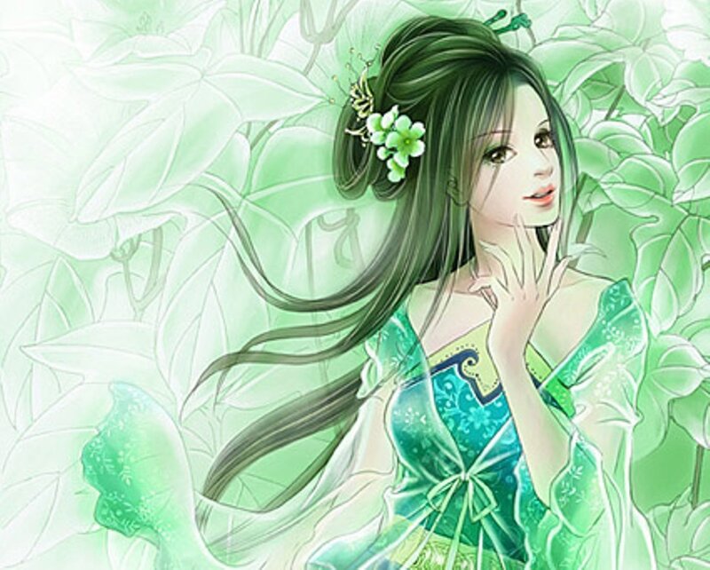 woman in green dress among leaves