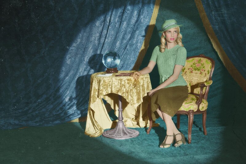 Woman in Green Dress — Blue, Dramatic, Photograph