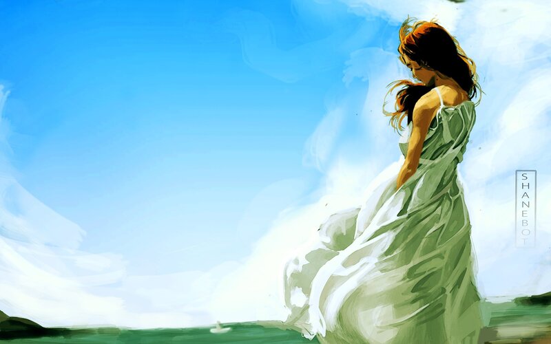 Woman in Green Dress — Blue, Serene, Afternoon, Digital Art, Sky, Hair