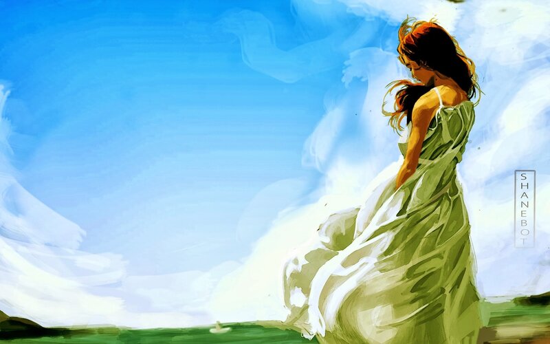 Woman in Green Dress — Blue, Serene, Afternoon, Digital Art, Sky