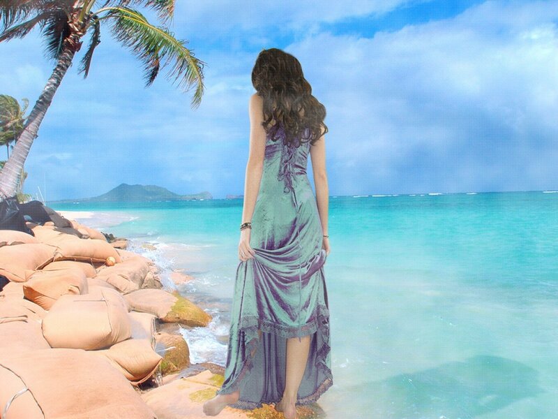 Woman in Green Dress — Blue, Serene, Afternoon