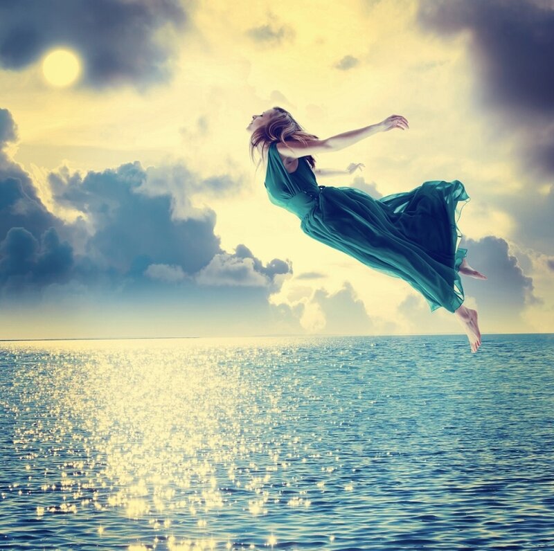 Woman in Green Dress — Blue, Serene, Sunset