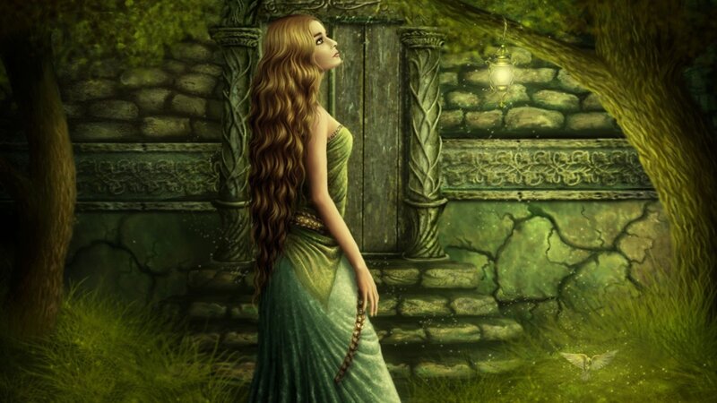woman in green dress by stone door