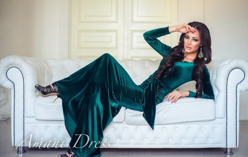 Woman in Green Dress — Confident, Photograph, Sofa