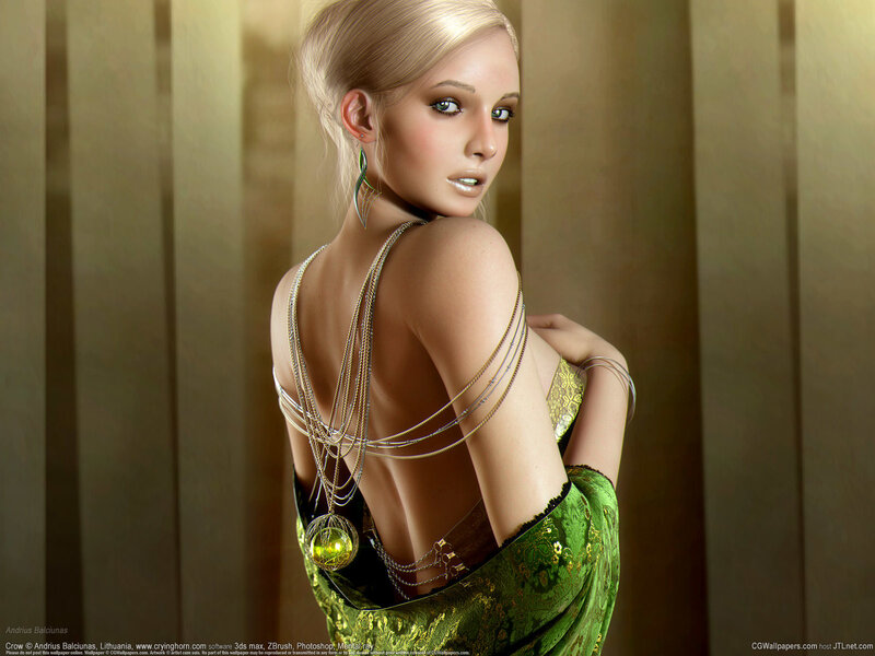 Woman in Green Dress — Dramatic, 3d Render, Chains, Jewelry
