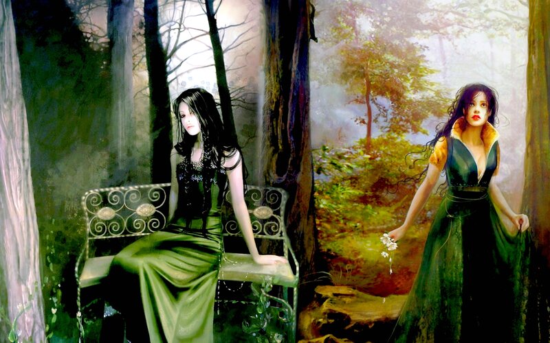 Woman in Green Dress — Dramatic, Afternoon, Digital Art, Forest