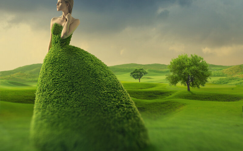 Woman in Green Dress — Dramatic, Afternoon, Digital Art, Tree