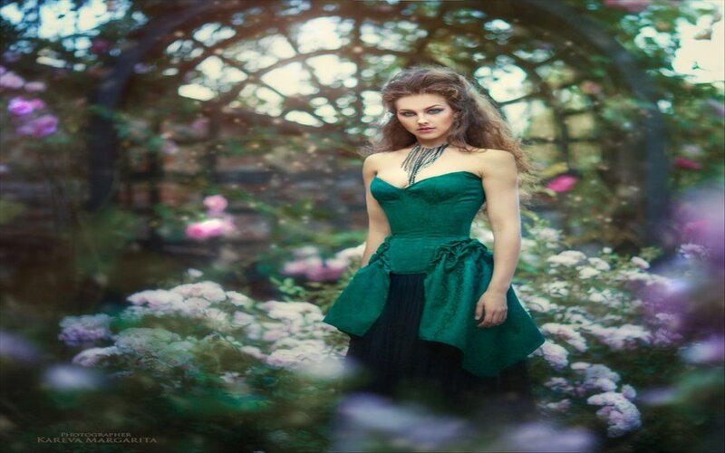 Woman in Green Dress — Dramatic, Afternoon, Photograph, Flowers