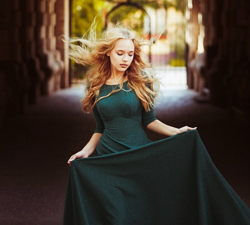 Woman in Green Dress — Dramatic, Afternoon, Photograph, Long Hair