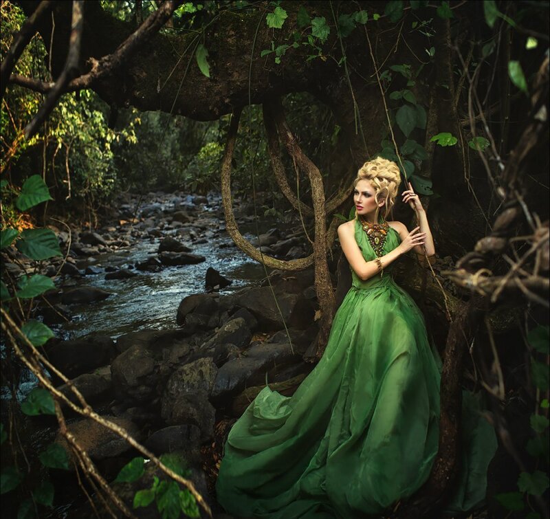 Woman in Green Dress — Dramatic, Afternoon, Photograph, River