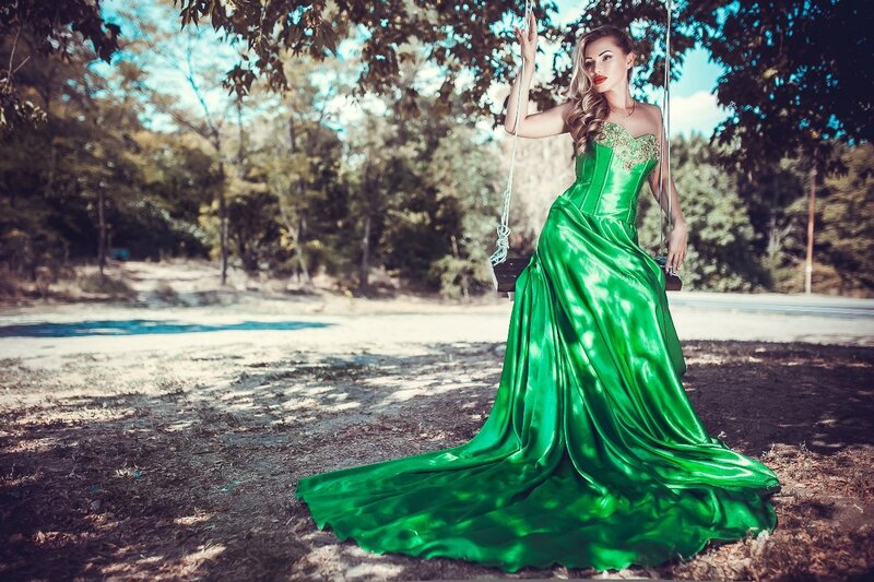 Woman in Green Dress — Dramatic, Afternoon, Photograph, Swing