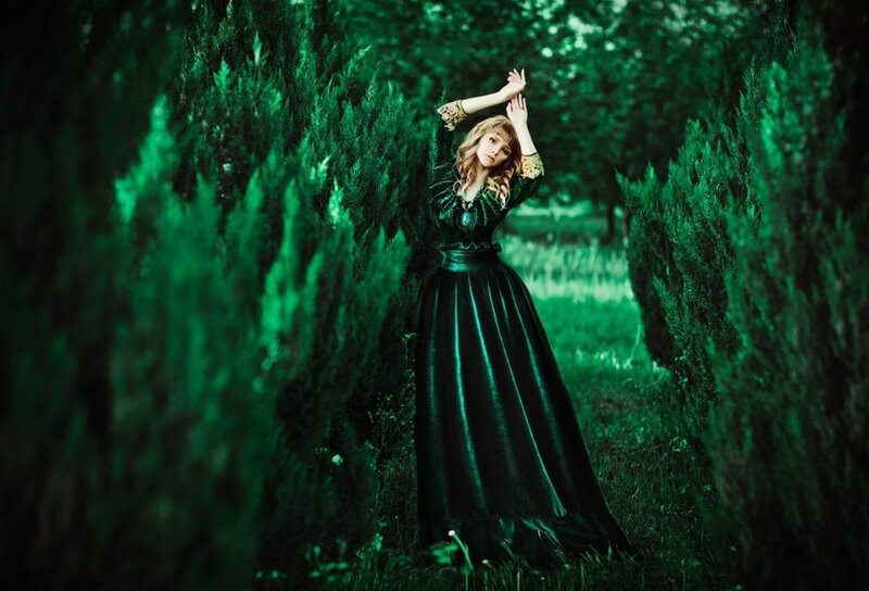 Woman in Green Dress — Dramatic, Afternoon, Photograph, Trees