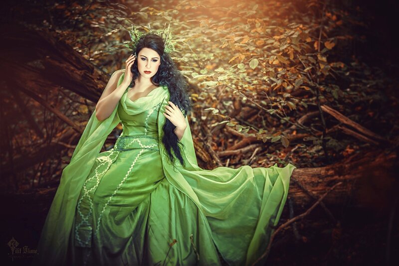 Woman in Green Dress — Dramatic, Autumn, Photograph, Forest