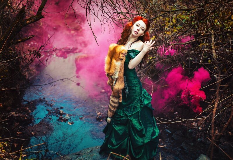 Woman in Green Dress — Dramatic, Autumn, Photograph, Fox Fur