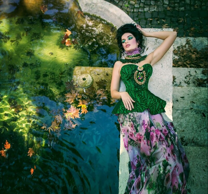Woman in Green Dress — Dramatic, Autumn, Photograph, Pool