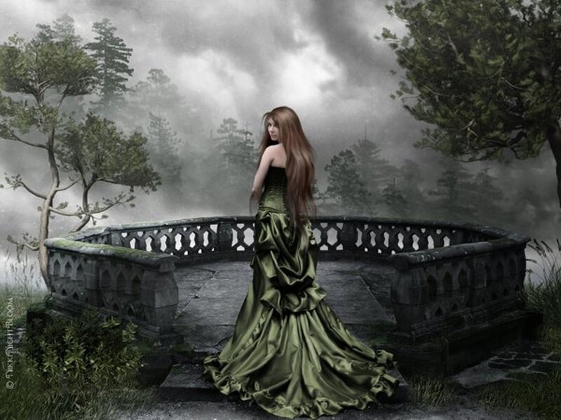 Woman in Green Dress — Dramatic, Digital Art, Balcony