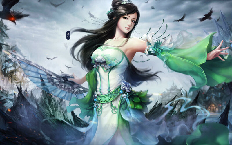 Woman in Green Dress — Dramatic, Digital Art, Birds