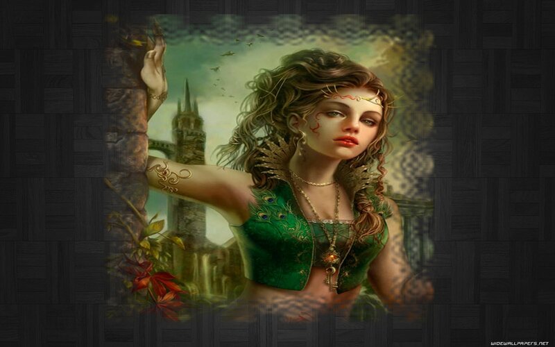Woman in Green Dress — Dramatic, Digital Art, Castle, Tattoos