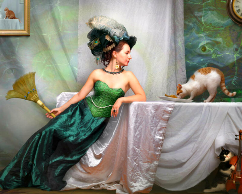 Woman in Green Dress — Dramatic, Digital Art, Cat, Broom