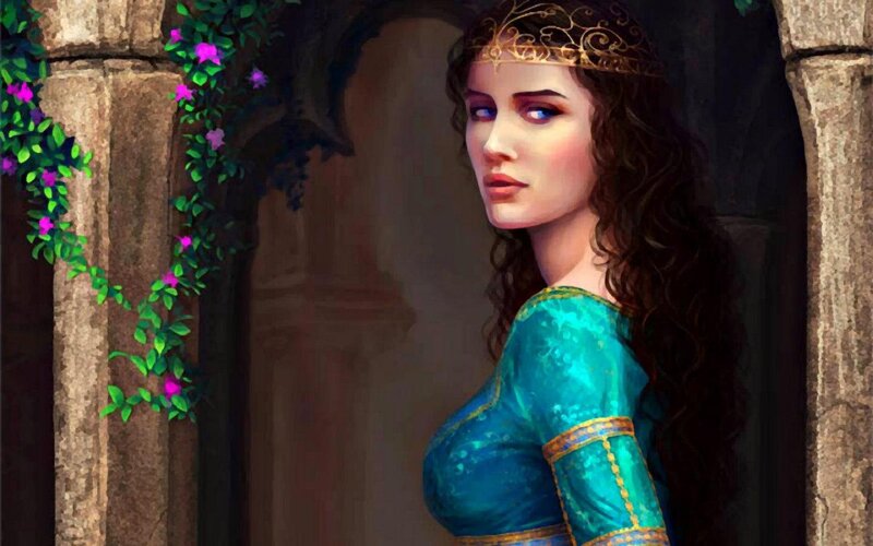 Woman in Green Dress — Dramatic, Digital Art, Crown, Stone Arch