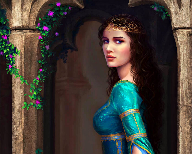 Woman in Green Dress — Dramatic, Digital Art, Crown