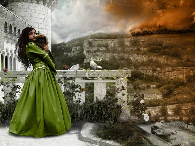 Woman in Green Dress — Dramatic, Digital Art, Dog