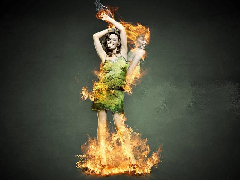 Woman in Green Dress — Dramatic, Digital Art, Fire