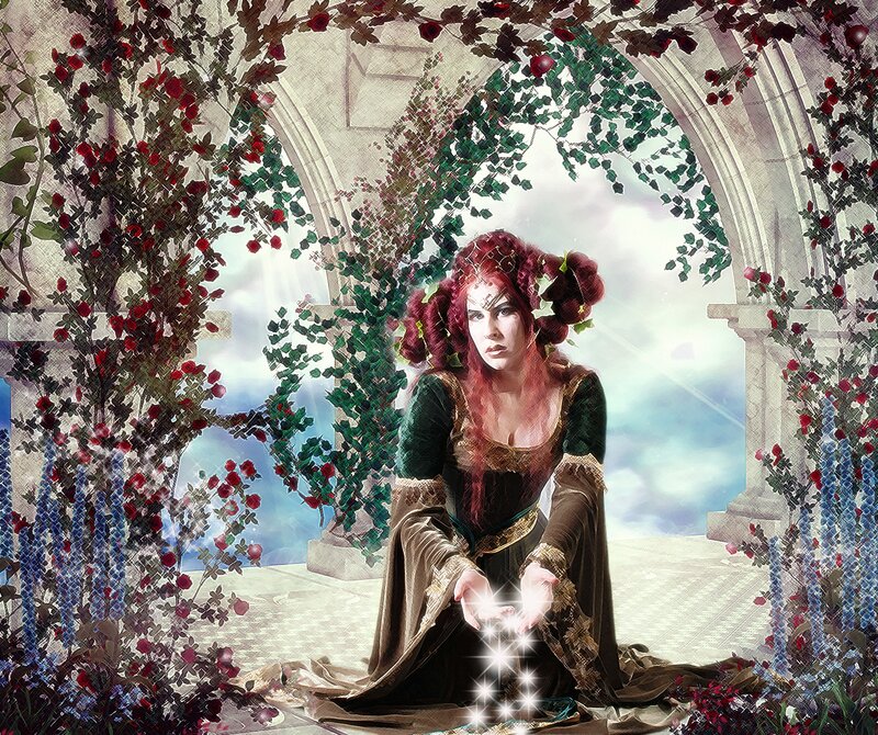 Woman in Green Dress — Dramatic, Digital Art, Flowers