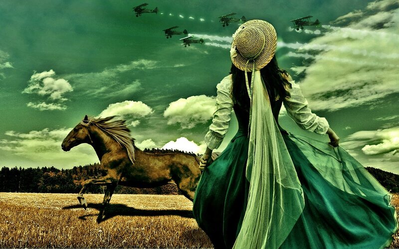 Woman in Green Dress — Dramatic, Digital Art, Horse