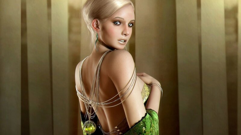 Woman in Green Dress — Dramatic, Digital Art, Jewelry, Backless