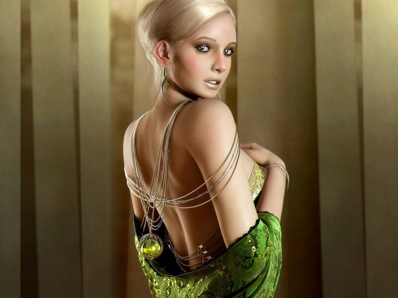 Woman in Green Dress — Dramatic, Digital Art, Necklaces