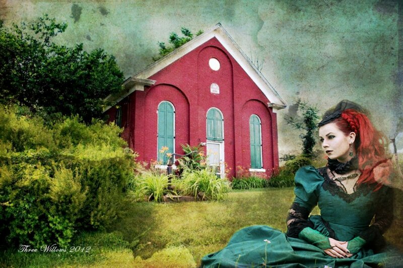 Woman in Green Dress — Dramatic, Digital Art, Red Brick Building