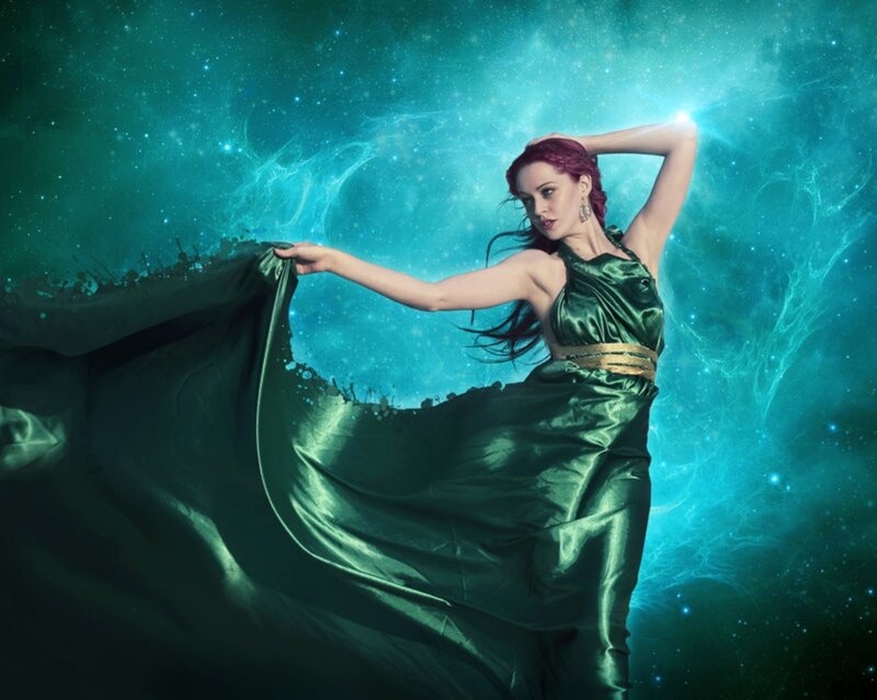 Woman in Green Dress — Dramatic, Digital Art, Stars