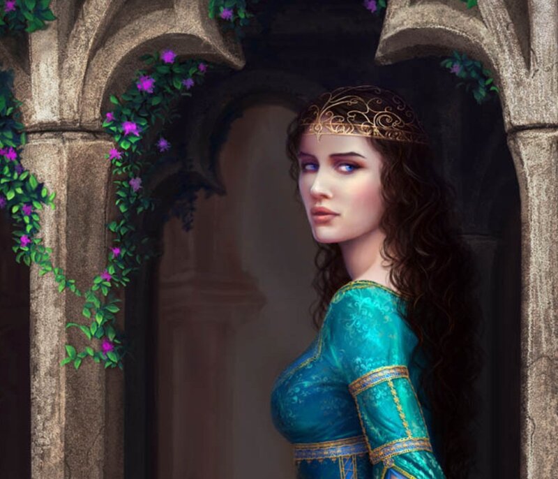 Woman in Green Dress — Dramatic, Digital Art, Stone Archway
