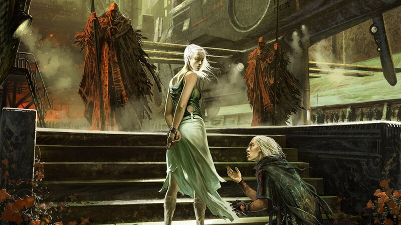 Woman in Green Dress — Dramatic, Digital Art, White-haired Man, Robed Figures