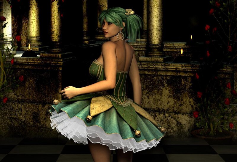 Woman in Green Dress — Dramatic, Night, 3d Render