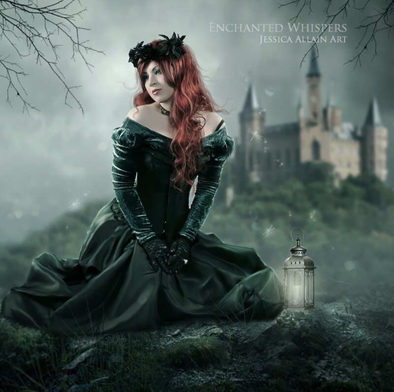 Woman in Green Dress — Dramatic, Night, Digital Art, Castle, Lantern