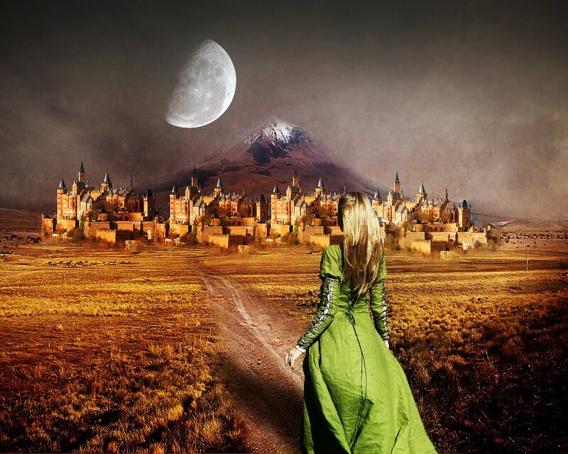 Woman in Green Dress — Dramatic, Night, Digital Art, Castle