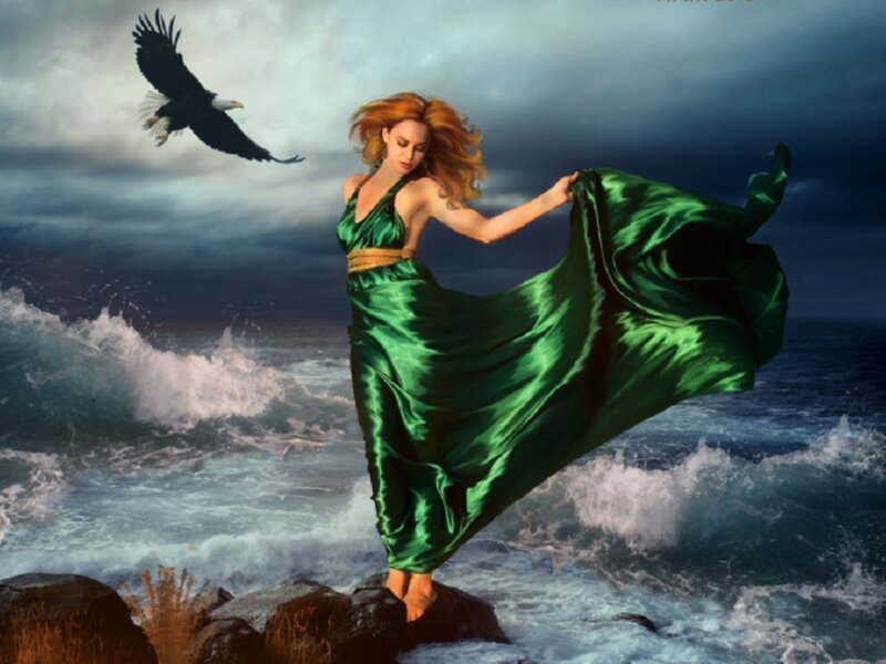 Woman in Green Dress — Dramatic, Night, Digital Art, Eagle