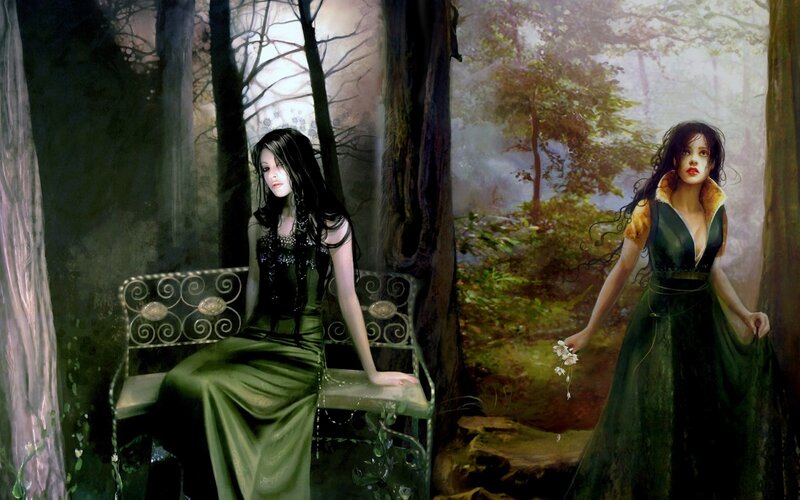 Woman in Green Dress — Dramatic, Night, Digital Art, Forest, Bench