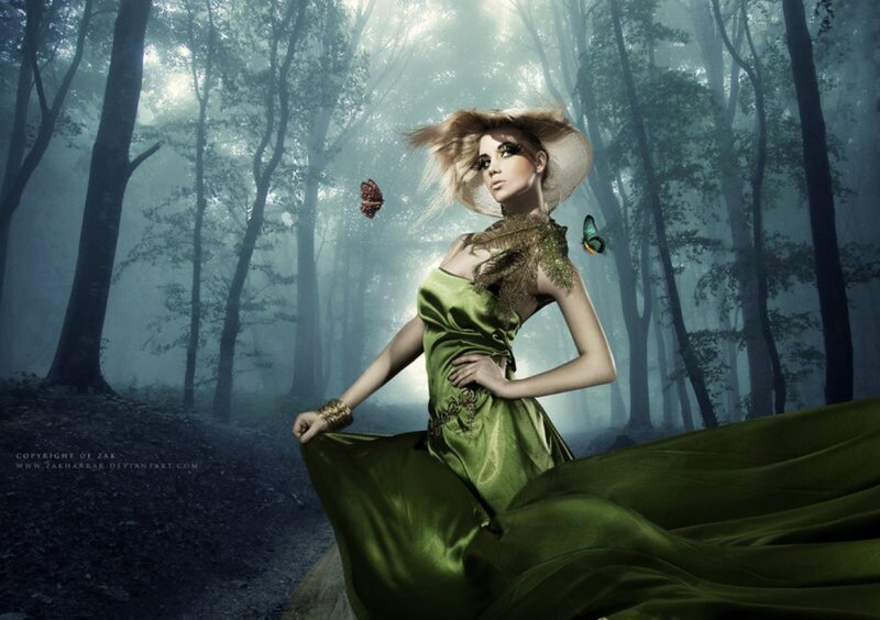 Woman in Green Dress — Dramatic, Night, Digital Art, Forest