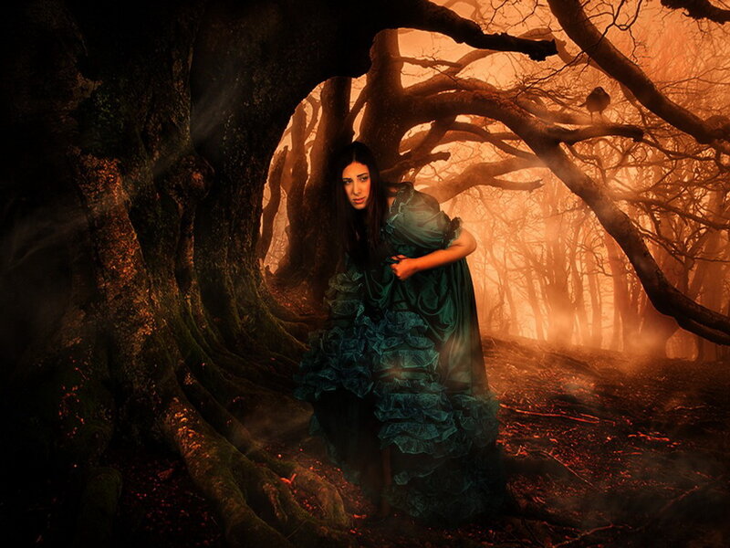 Woman in Green Dress — Dramatic, Night, Digital Art, Forest, Tree