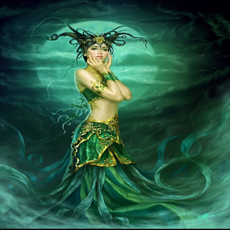 Woman in Green Dress — Dramatic, Night, Digital Art, Mask, Clouds